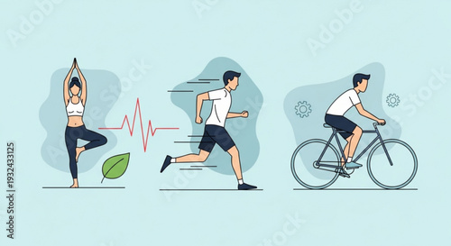 Fitness and wellness concept with people exercising outdoors yoga running and cycling for a healthy lifestyle