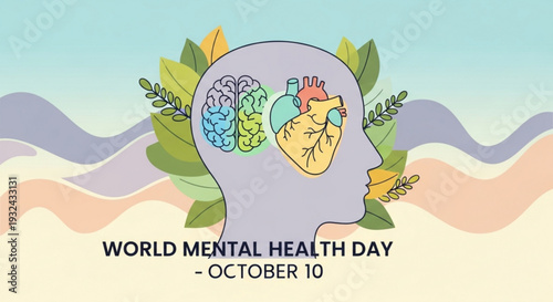 World mental health day illustration with brain and heart in head surrounded by leaves and mountains