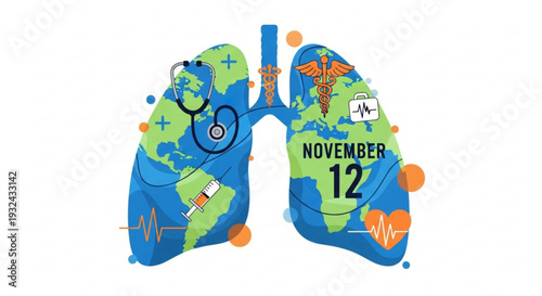 World lung health awareness concept with earth map on lungs medical symbols and november 12 date promoting healthy breathing and wellness globally