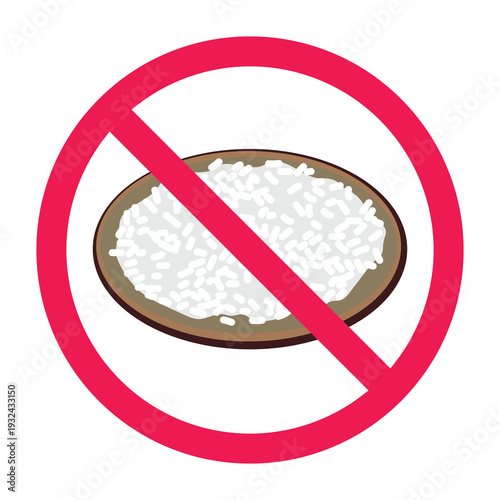 No rice sign, forbidden sign with white rice icon, carbohydrate food prohibited symbol, carb restriction sign, vector illustration
