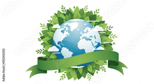 Earth surrounded by green leaves and ribbon for eco friendly concepts and sustainable living ideas