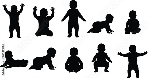 Baby silhouettes set crawling sitting standing infant poses collection childhood development stages vector illustration black shapes design element