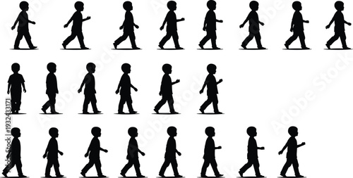 Walking child silhouettes set kids walking poses sequence side view movement animation frames vector illustration black shapes design collection