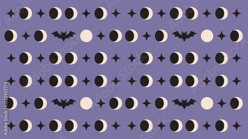A vibrant purple background with a pattern of moons, stars, and bats, creating a dramatic and serene Halloween-themed design.