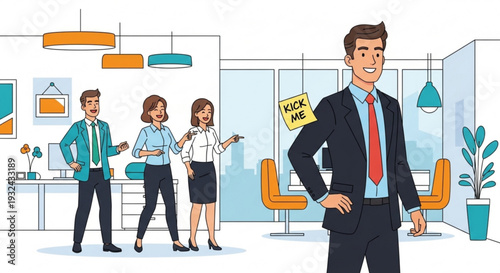 Confident businessman standing in modern office space with colleagues working in background professional atmosphere corporate environment business concept illustration
