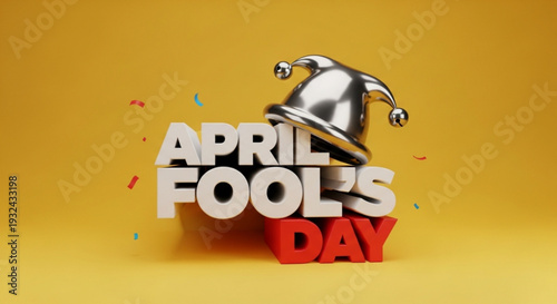April fool's day illustration with jester's hat and confetti on yellow background 3d text playful festive and humorous design for pranksters and joke lovers