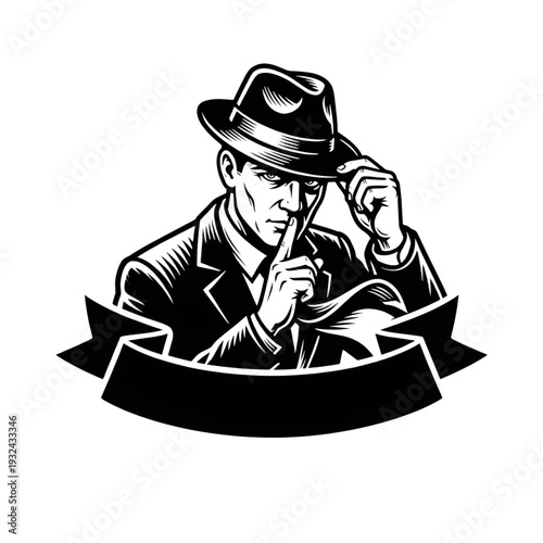 Secret Agent Silhouette with Ribbon Banner - Noir Detective Hand Shushing Mystery Logo