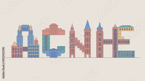 A colorful illustration of a city skyline with buildings forming the word 'LINE' in a creative and modern design