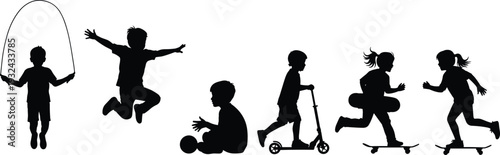 Children playing silhouettes set kids jumping rope running skating scooter activities outdoor fun vector illustration collection black shapes design