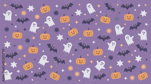 A vibrant Halloween-themed pattern featuring ghosts, bats, pumpkins, and stars on a purple background.
