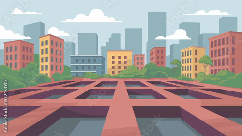 A vibrant cityscape with a large maze in the foreground and skyscrapers in the background under a cloudy sky