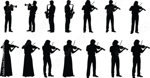 Musician silhouettes set trumpet saxophone violin players orchestra band performance collection black figures vector illustration music art design elements
