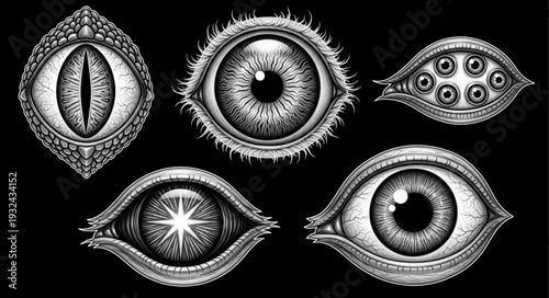 Intricate artistic illustration of various stylized eyes with unique designs and details.