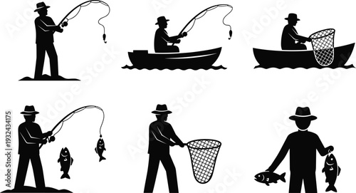 Fishing silhouettes set fisherman catching fish with rod net and boat outdoor activity vector illustration collection black shapes design