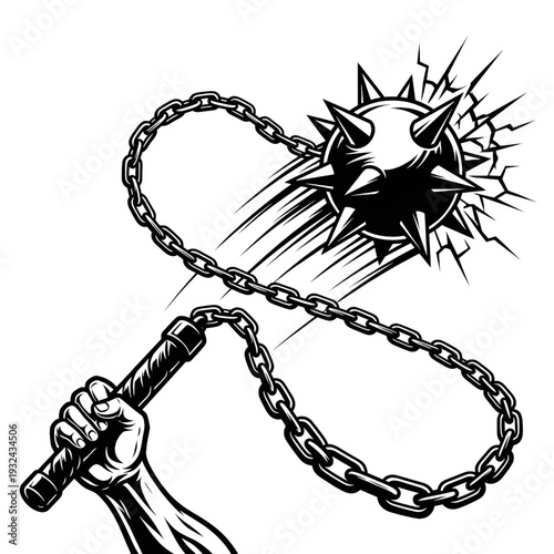 Medieval Flail Weapon Vector Illustration - Spiked Morning Star Mace and Chain Design