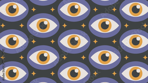 A vibrant and surreal pattern of cartoon eyes on a dark background with stars