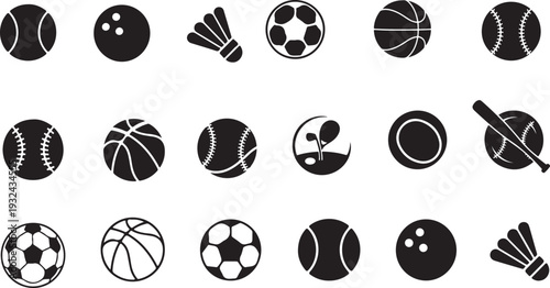 isolated white background Collection of Sport Ball Icons: Diverse Sports Equipment Silhouettes