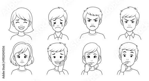 Collection of various sketched faces depicting different human emotions and feelings.
