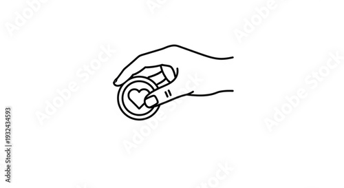 A hand delicately holding a heart-shaped object in a minimalist line drawing style illustration