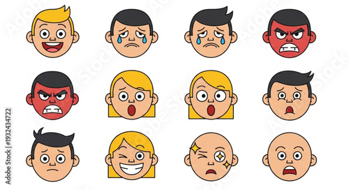 Diverse collection of cartoon faces expressing various human emotions and feelings.
