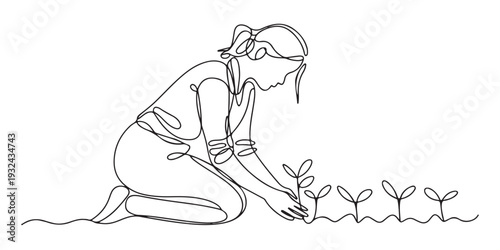 Continuous one line drawing young female farmer planting plant shoots in the ground.one line  vector illustration  with out background.