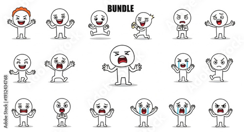 Bundle of various cartoon characters expressing different emotions with arms raised.