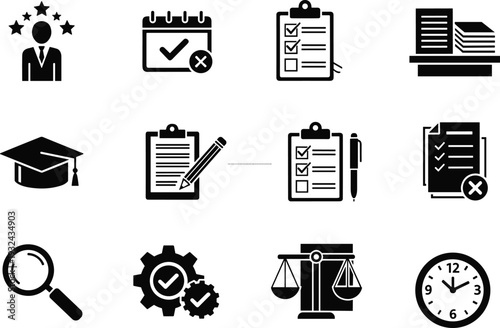 Business and education icon set checklist calendar documents graduation quality management search time symbols solid style vector illustration design