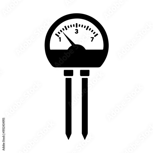 Analog soil pH tester icon featuring a classic dial gauge and dual metal probes. Minimalist black and white vector illustration of a traditional speedometer-style soil moisture and acidity meter