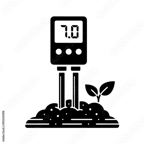Digital soil pH meter probe inserted into ground soil icon. Minimalist black and white vector illustration of soil testing process in action for agriculture, gardening, and environmental monitoring