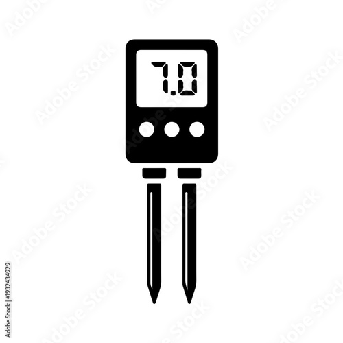 Digital soil pH meter icon with LCD display showing 7.0 value and dual metal probes. Minimalist black and white vector illustration of modern agricultural testing equipment for smart farming