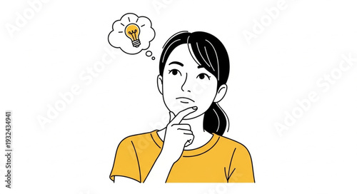 Woman pondering with thought bubble, contemplating an idea, creative concept illustration.