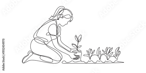 Continuous one line drawing young female farmer planting plant shoots in the ground.one line  vector illustration  with out background.