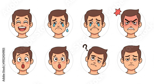 Diverse collection of cartoon faces expressing various human emotions and feelings.