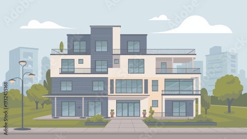 A modern apartment building with balconies and a city skyline in the background on a sunny day