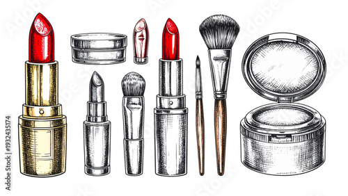 Vintage cosmetic set line art illustration featuring lipstick makeup brush and powder container in detailed black and white engraving style