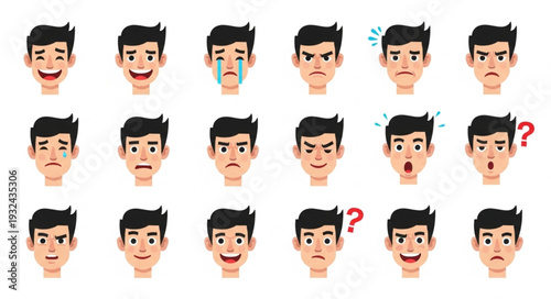 Collection of diverse male face expressions, showcasing various emotions and feelings in a set of illustrations.