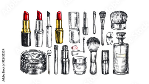 Vintage cosmetic set line art illustration featuring lipstick makeup brush and powder container in detailed black and white engraving style