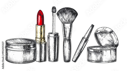 Vintage cosmetic set line art illustration featuring lipstick makeup brush and powder container in detailed black and white engraving style