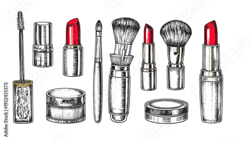 Vintage cosmetic set line art illustration featuring lipstick makeup brush and powder container in detailed black and white engraving style