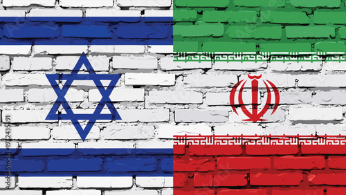 Israel and Iran flags on brick wall