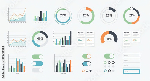Diverse data visualization elements for business and analytics presentations.