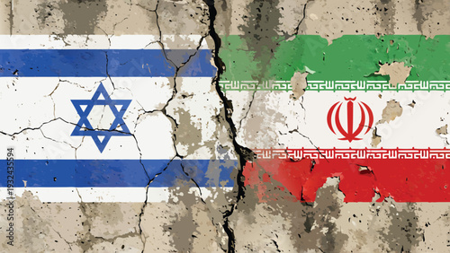 Israel and Iran flags on cracked wall