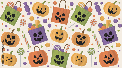 A colorful Halloween pattern featuring jack-o-lanterns, candy, and trick-or-treat bags on a festive background.