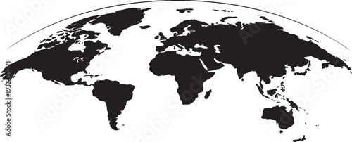 Black World Map on Hemisphere Projection, Flat Global Map Silhouette with Curved Grid Lines Vector Illustration