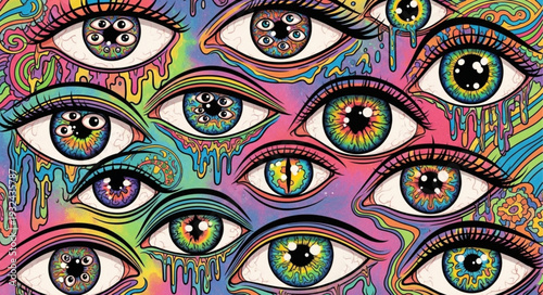 Intricate psychedelic artwork featuring multiple eyes with vibrant colors and patterns.