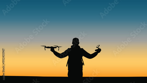 Silhouette of person flying drone at sunset