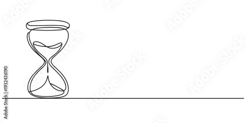 Classic hourglass with sand in one line art style. Symbol of time with editable black stroke on white background. Vector illustration. One continuous line drawing of hourglass timer. Sand glass timer
