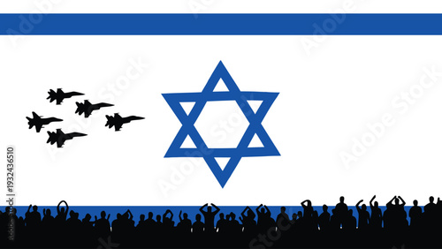 Israeli Flag with Military Jets and Crowd Silhouettes