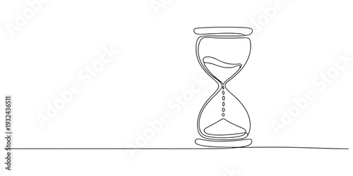 Classic hourglass with sand in one line art style. Symbol of time with editable black stroke on white background. Vector illustration. One continuous line drawing of hourglass timer. Sand glass timer