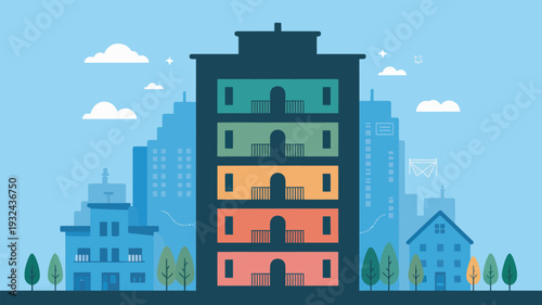 A colorful apartment building stands in a vibrant cityscape with trees and blue sky